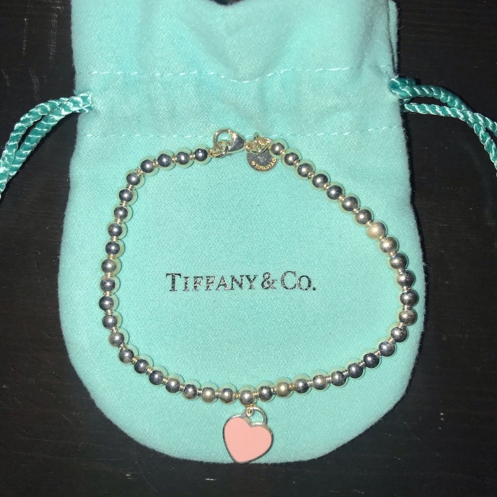 Tiffany & Co. Silver Bead Bracelet with pink heart